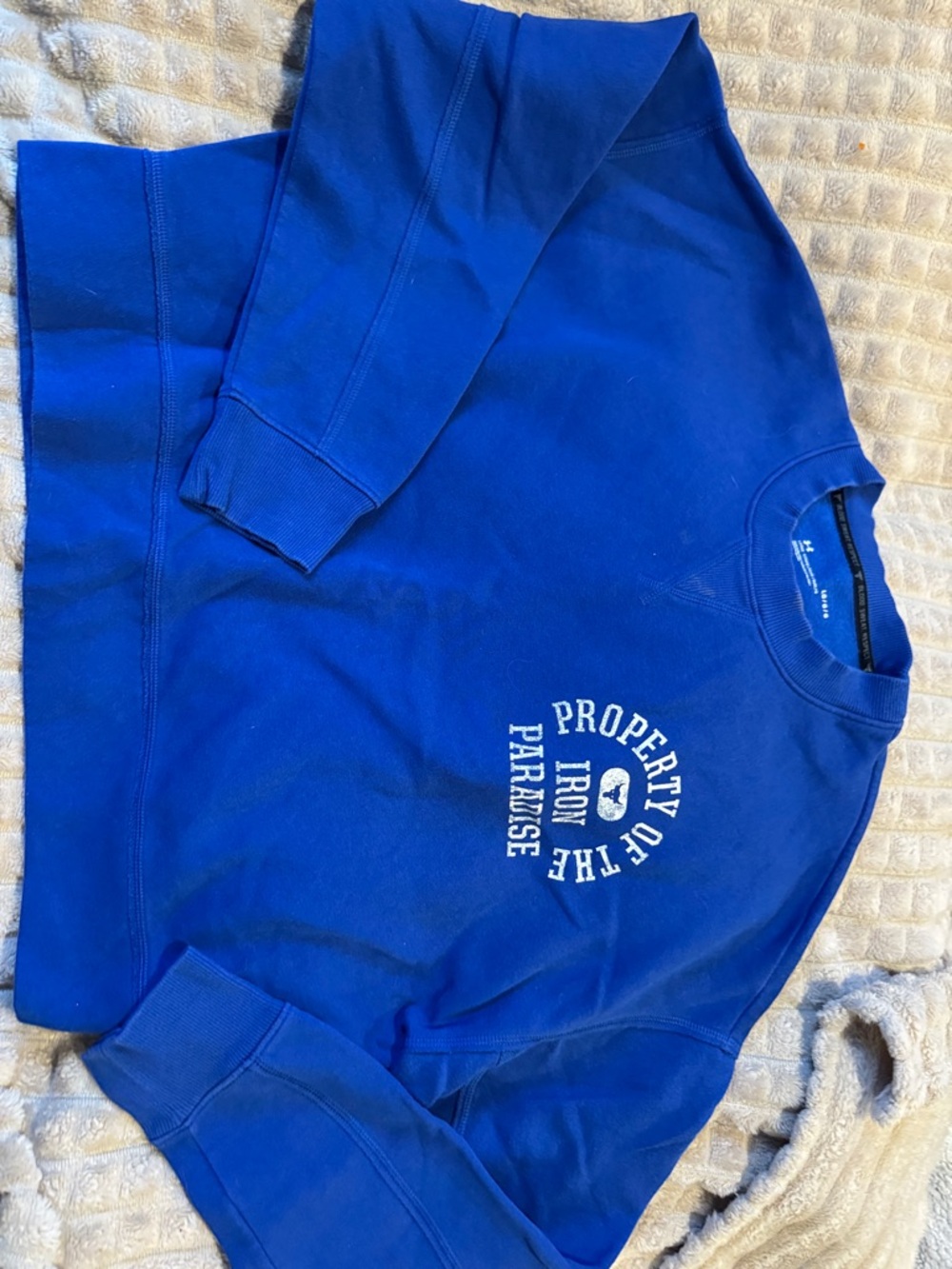 Under armour blue “property of the Iron Paradise" workout crew neck